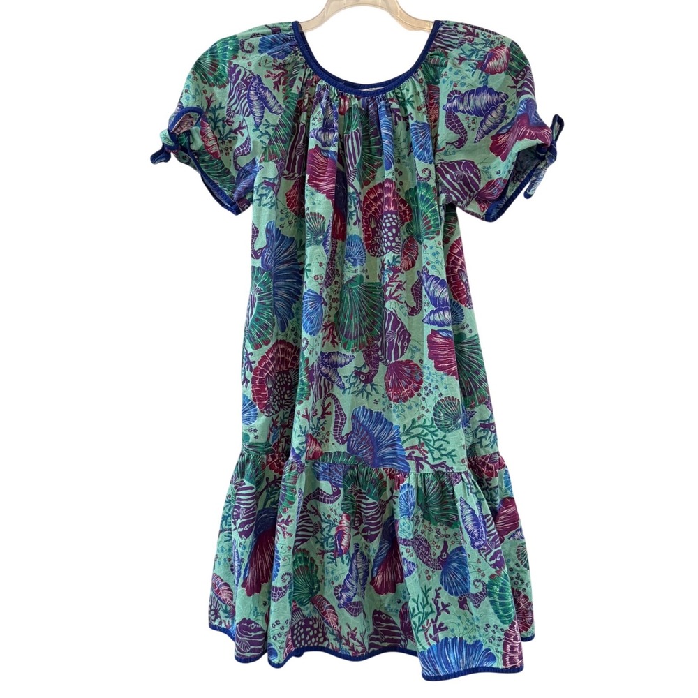 Vintage Muumuu Hawaiian Tropical House Dress Ocean Ruffle Cap Sleeve Plus 2X